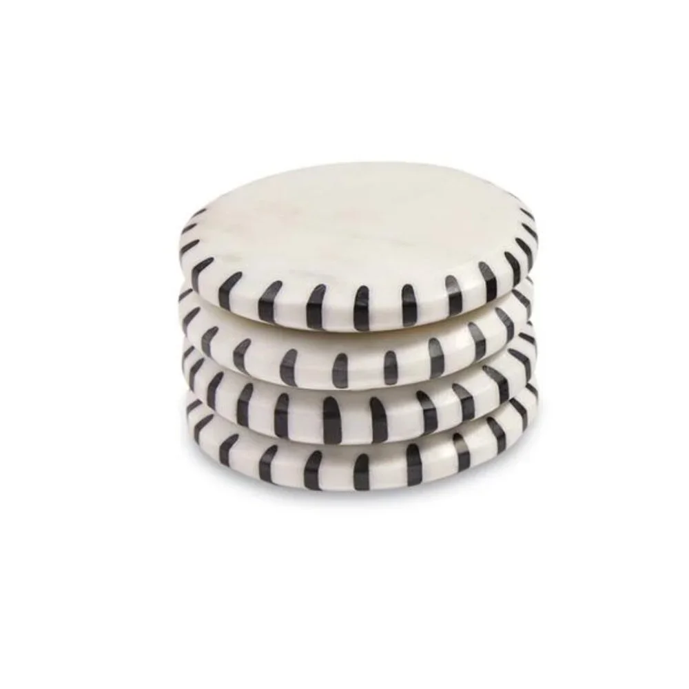 Set/2 White Marble Coasters With Black Ticking Stripes
